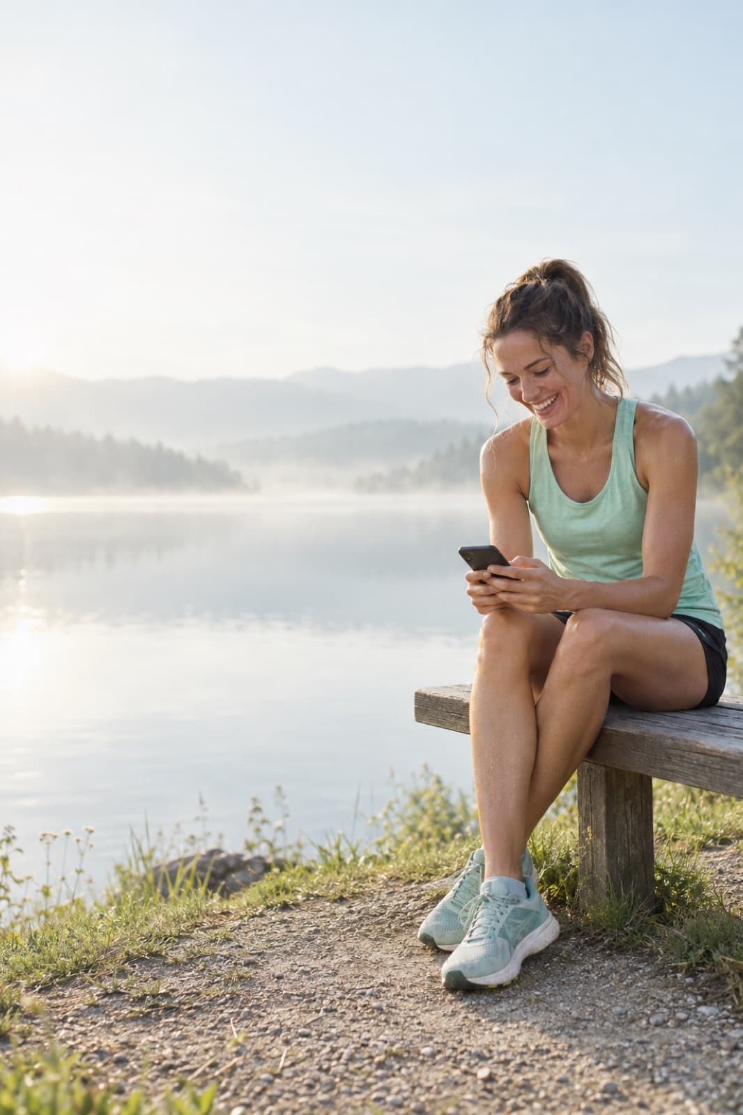 Woman smiling at her phone on a lakeside bench after a morning run