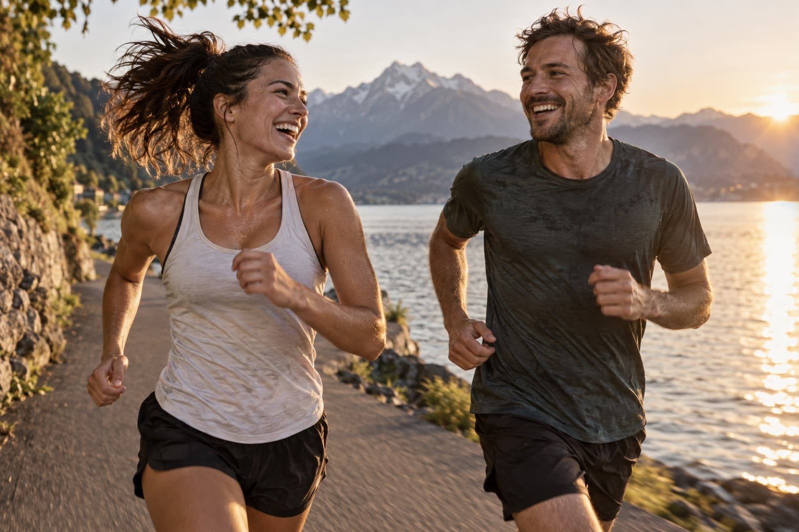 Two runners laughing on a lakeside path at sunrise