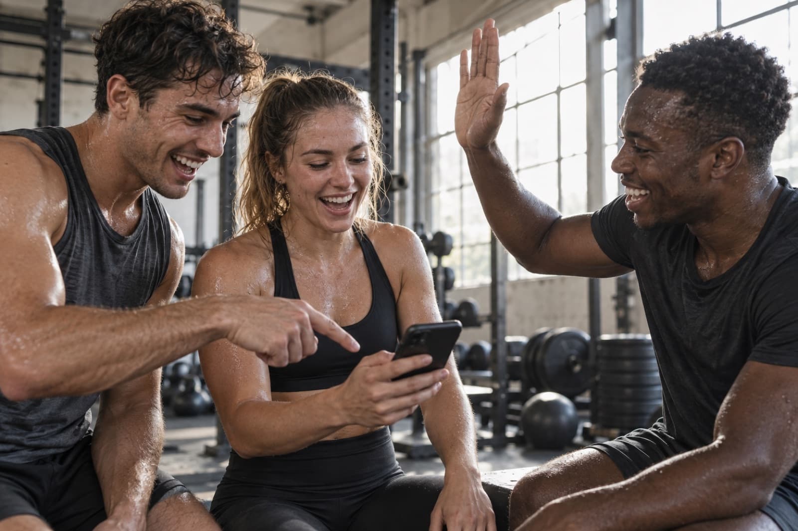 Three athletes laughing over blood test results on a phone after training