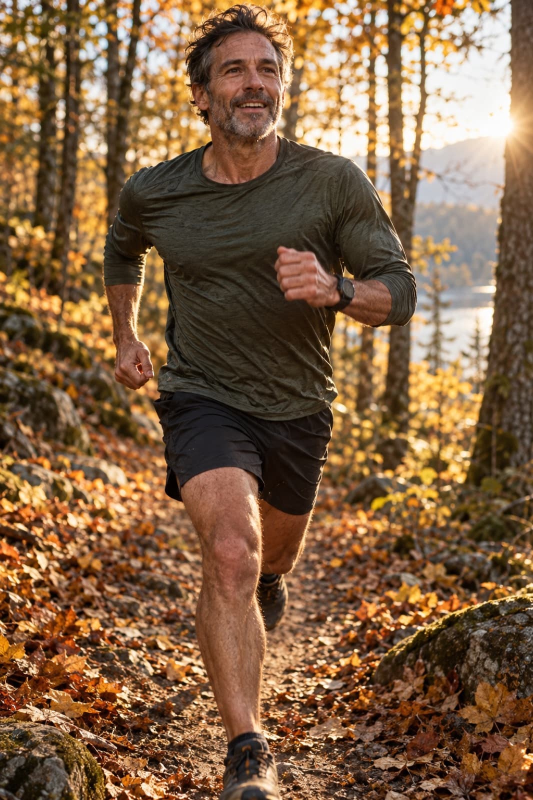 Man in his forties running a forest trail in autumn